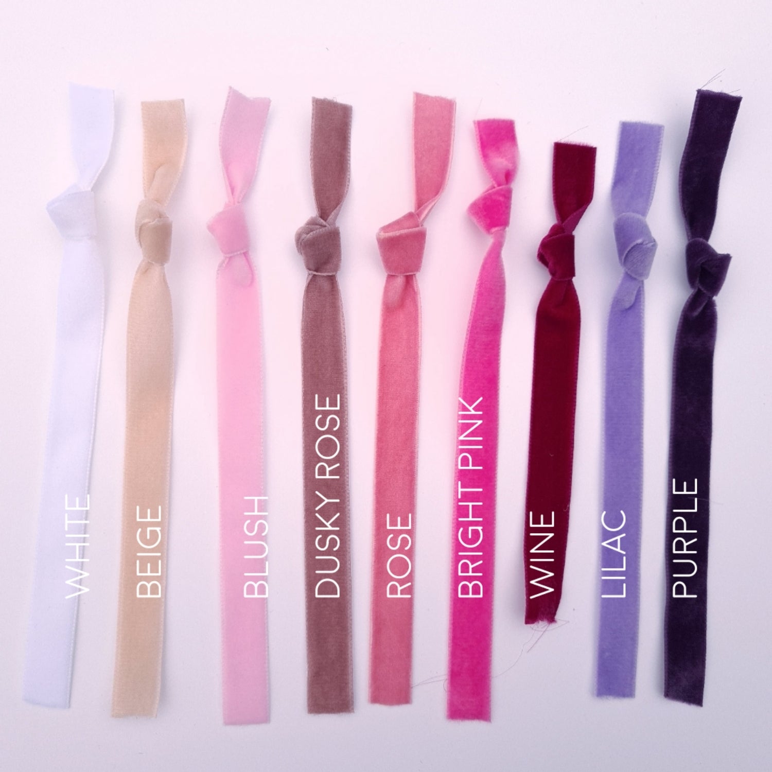 Velvet ribbons in white, beige, blush, dusky rose, rose, bright pink, wine, lilac and purple
